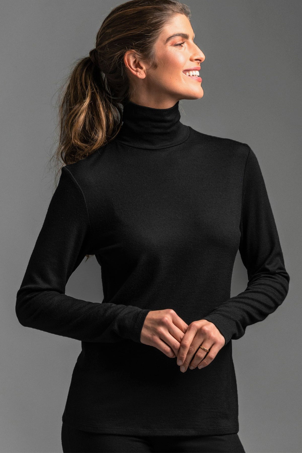 PAULA RYAN ESSENTIALS Slim Fit Long Sleeve Polo Neck Top Merino Black Paula Ryan