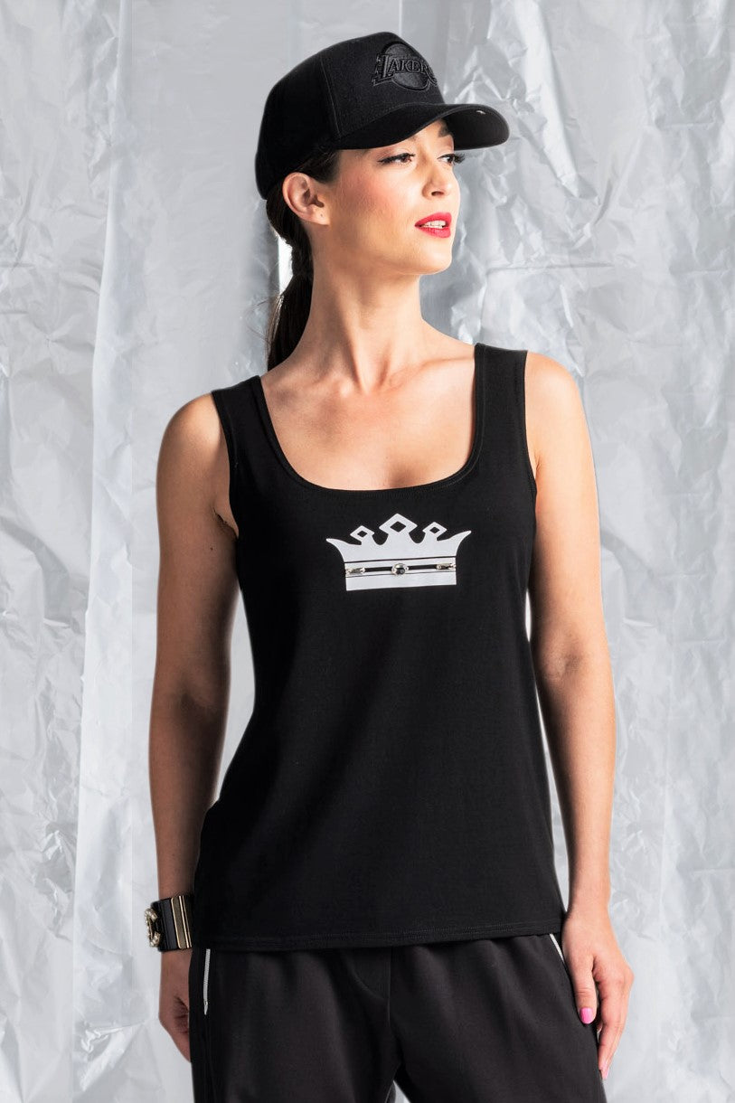 PAULA RYAN RELAXED Crown Print Swarovski Gem Singlet - Black/White - Paula Ryan