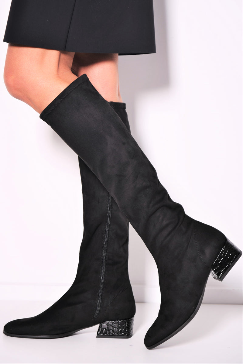 PAULA RYAN Croc-print Heel Stretch Knee High Boot - Black - Paula Ryan