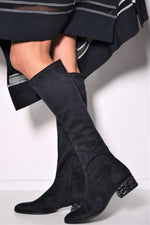 PAULA RYAN Croc-print Heel Stretch Knee High Boot - Navy - Paula Ryan