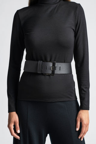 PAULA RYAN Squared Buckle Leather Belt - Black/Gunmetal